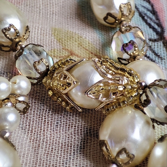 Three 3 Strand Faux Pearl Gold Tone Collar Necklace Clear AB Beads Japan Clasp - Picture 6 of 16